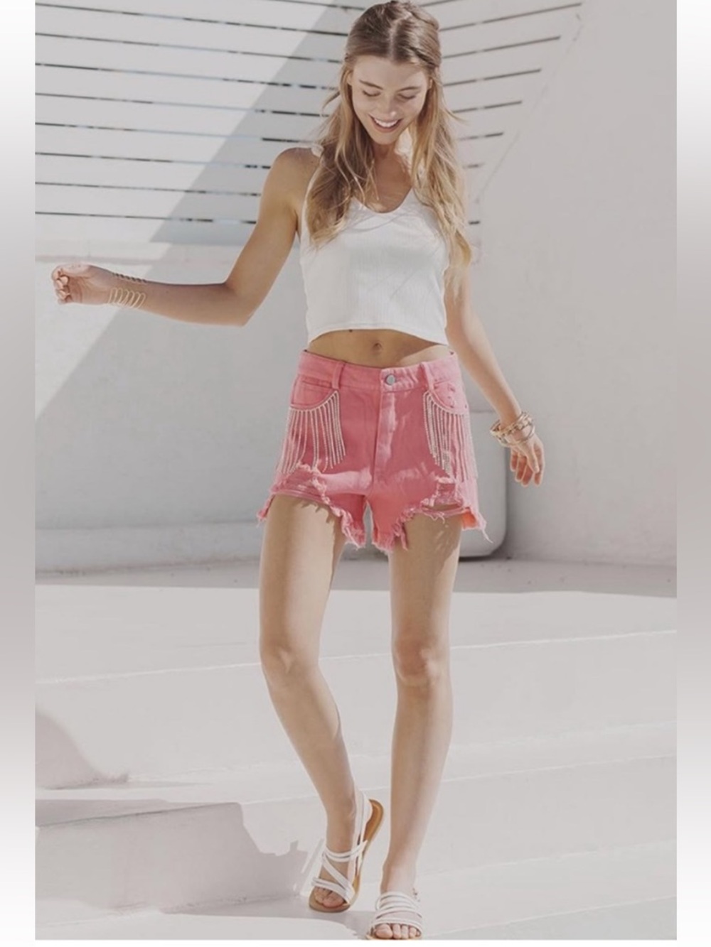 Blue B Collection Rhinestone Fringe Shorts - Picture 2 of 12